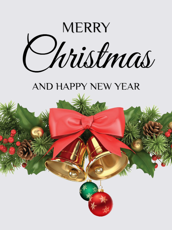 Merry Christmas And New Year with a jingle bell and green red ornament