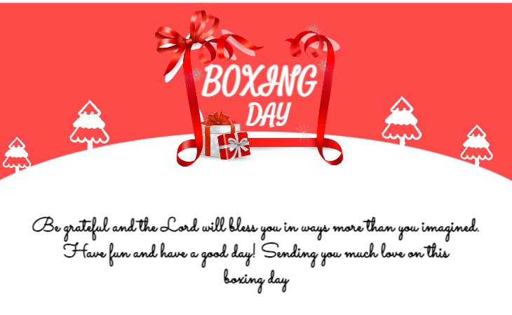 red and white boxing day gift card with a christmas tree