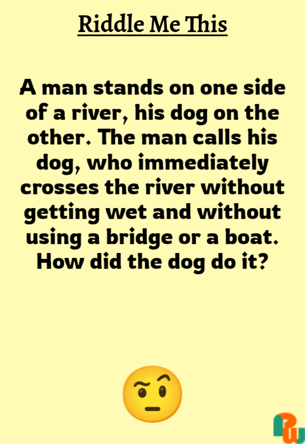 A man stands on one side of a river, his dog on the other. The man calls his dog, who immediately crosses the river without getting wet and without using a bridge or a boat. How did the dog do it?